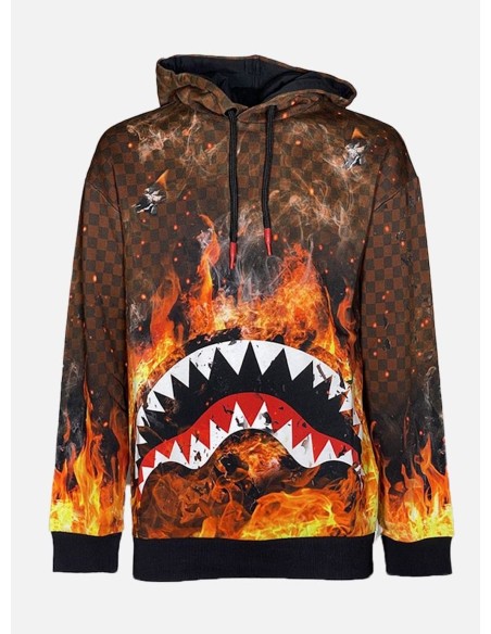 SPRAYGROUND FELPA UOMO,SHARK ON FIRE HOODIE CHECKE