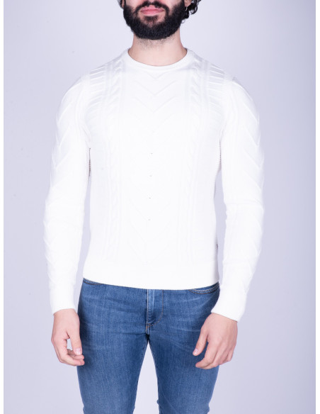 GUESS Men's Alan Long Sleeve Crew Neck Fancy Stitch Sweater, Salt White and  Blue Combo at  Men's Clothing store