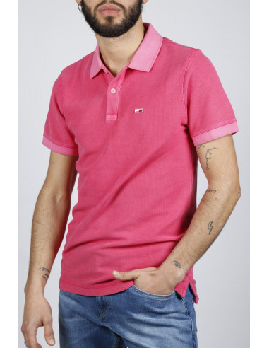 Hellblaues, rosafarbenes Poloshirt von Tommy Jeans mit aufgesticktem Logo